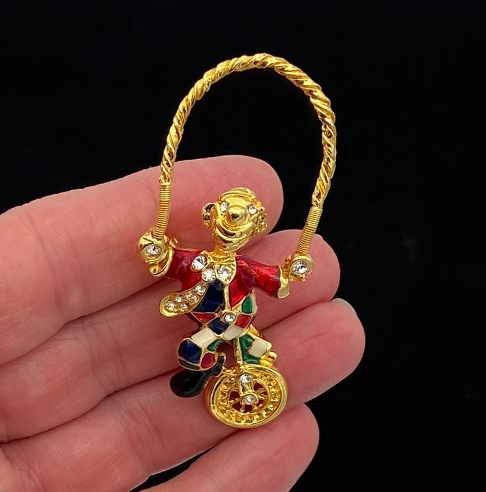 Vintage Enamel Clown Trembler Brooch Gold Tone Rhinestones Unicycle Colorful